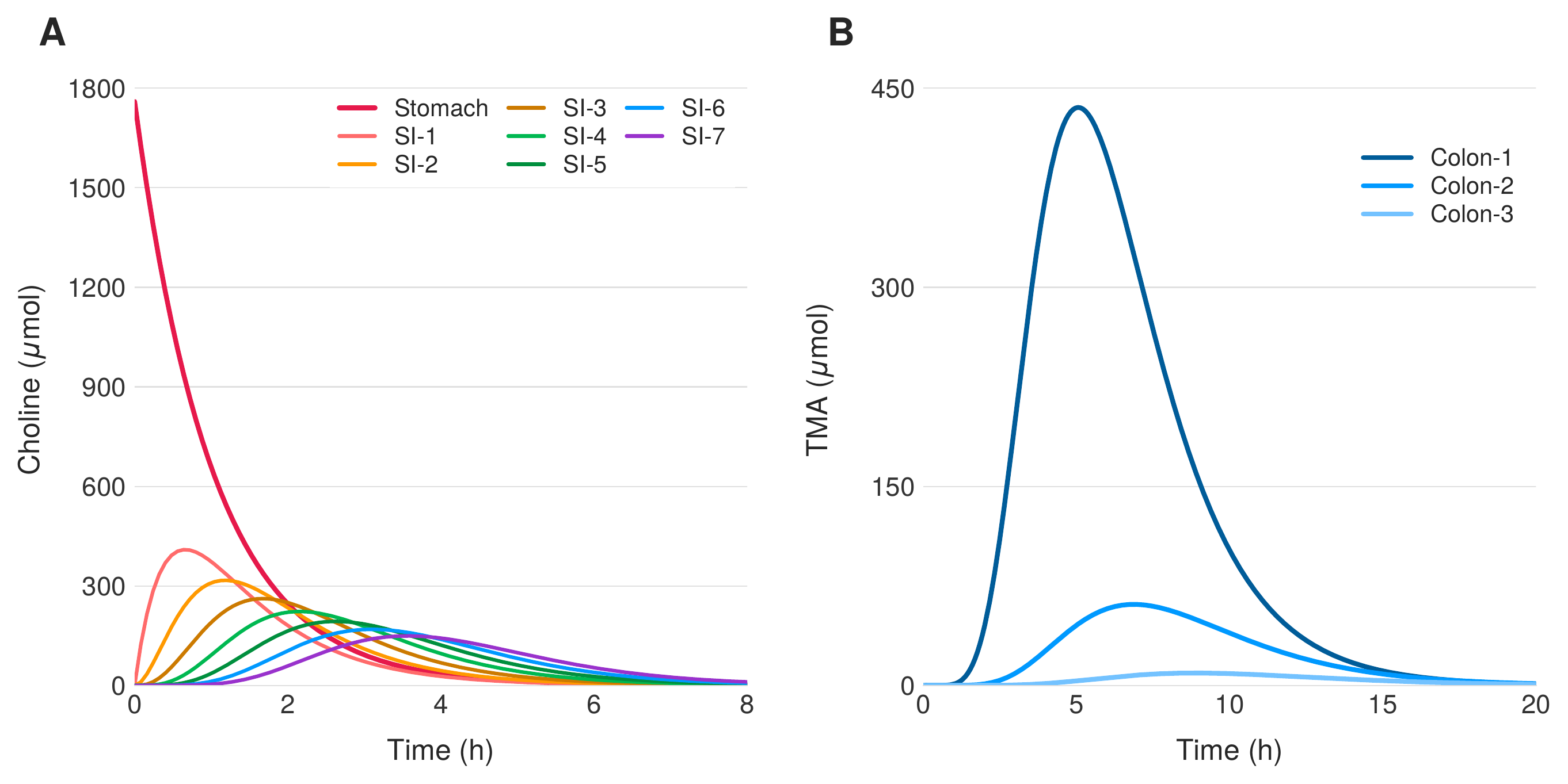 Time series plots of choline and TMA concentrations across gastrointestinal compartments